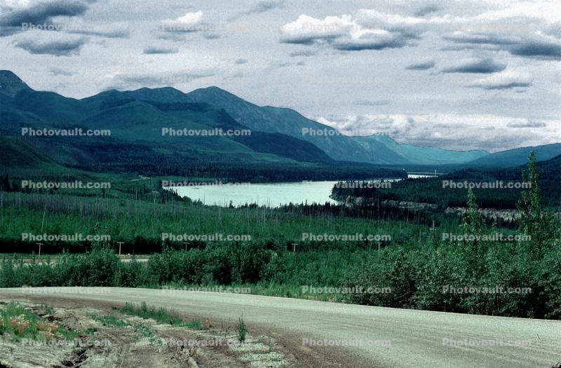 Lake, Forest, Mountains, clouds, road, water