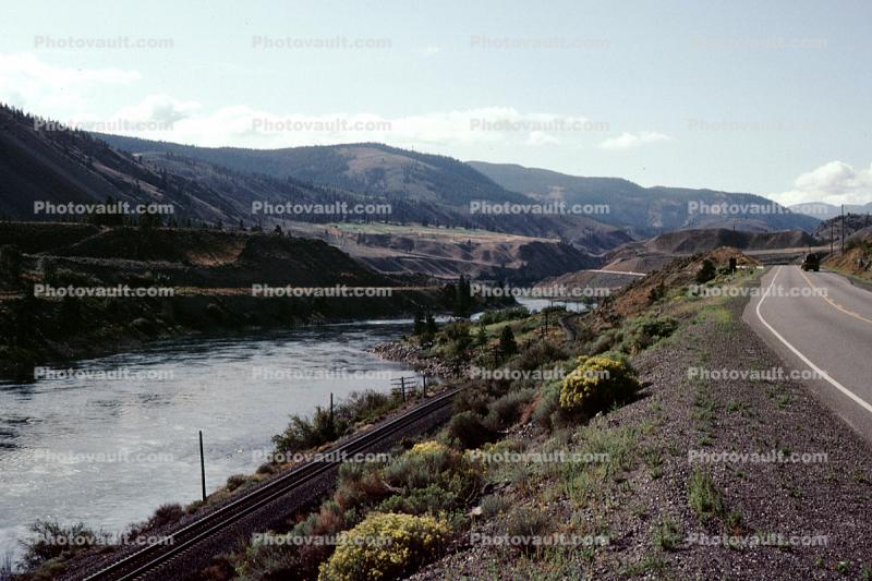River west of Kamloops, highway, road, railroad tracks