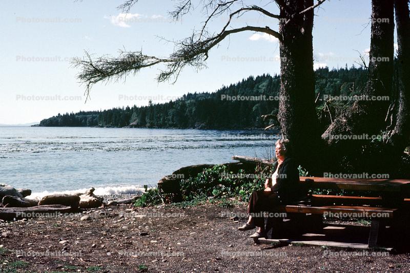 French Beach Provincial Park, Picnic Bench, Woman, water, Vancouver Island