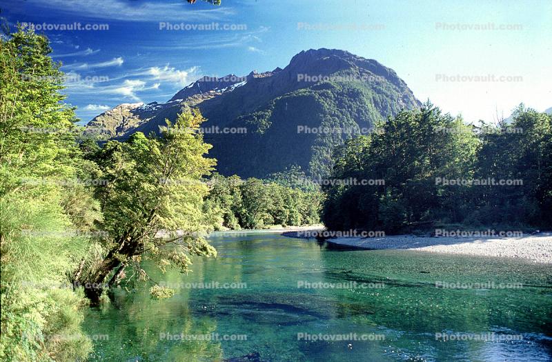 Trees, Mountain, River, Water
