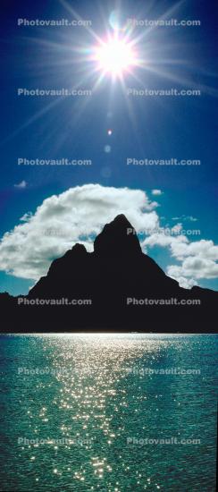 Mount Otemanu, Clouds, Mountains, Ocean, Sun Glint, reflection, wavelets