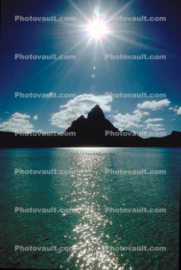 Mount Otemanu, Clouds, Sun Glint, reflection, Pacific Ocean, Island of Moorea
