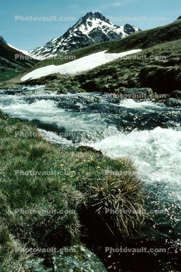 alpine river, whitewater, rapids, peak