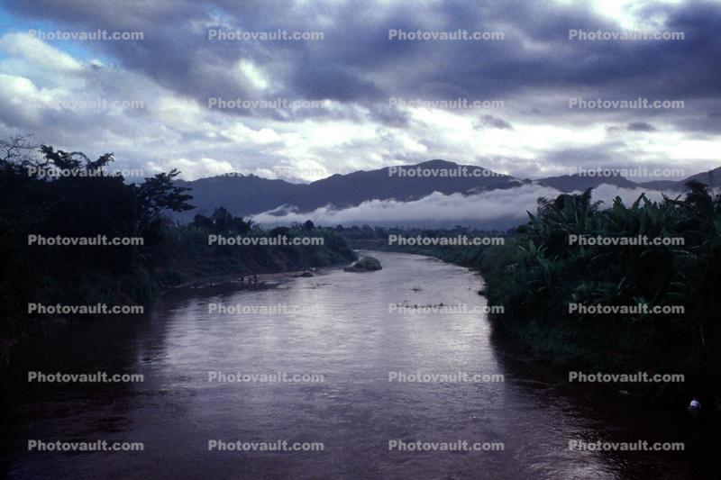 Mountains, Hills, Woodlands, River, Clouds, Stream