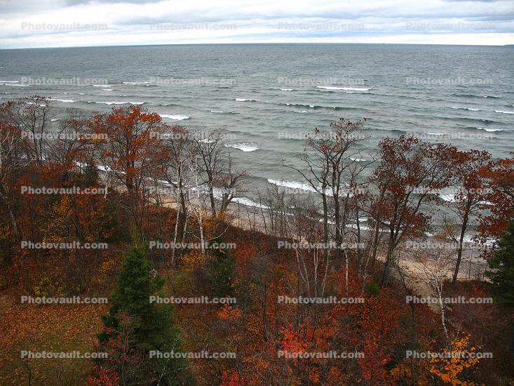 Beach, waves, Lake, water, Autumn, fall colors, trees, Coast, coastal