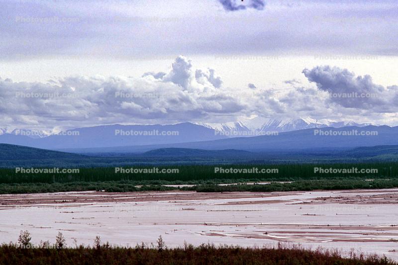 Mountains, Clouds, River, Tundra