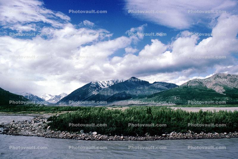 river, mountains, clouds