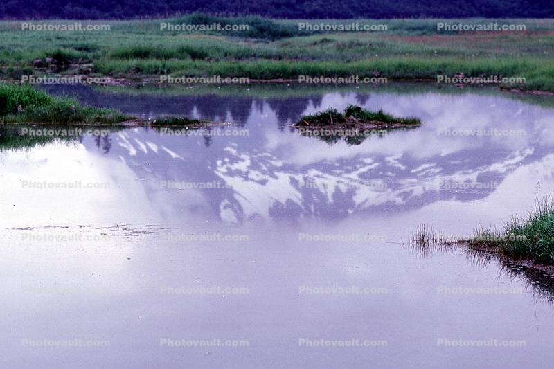 Mountains, Island, Clouds, Ocean, water reflection, wetlands, pond