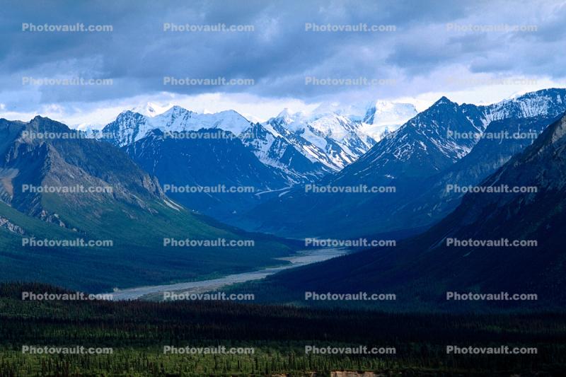 U shaped valley, Glacier, Mountains, forest, river