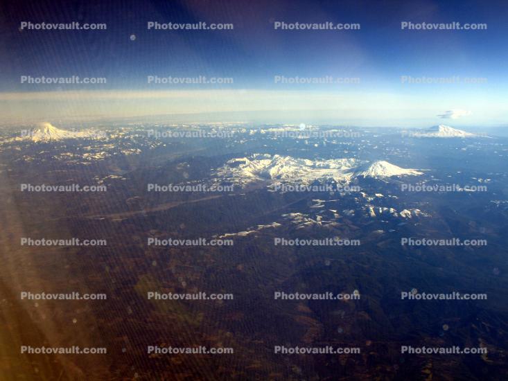 L to R: Mount Rainier, Mount Saint Helens, Mount Adams, southwestern Washington