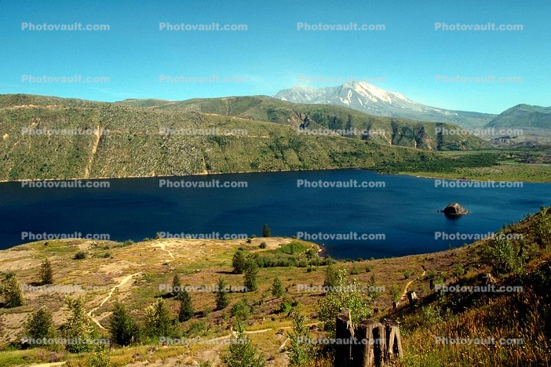 trees felled by the blast, lake, mountain, hillside, water