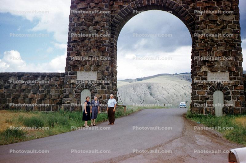 Entry Arch, structure, road, people, 1950s