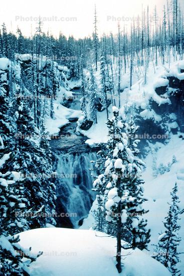 river, waterfall, forest in the snow, trees