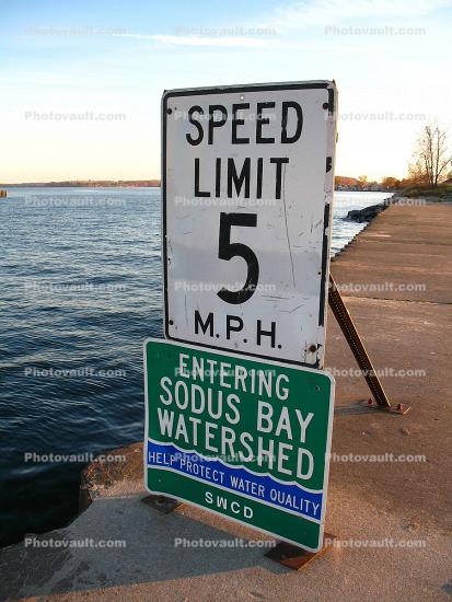 Sodus Bay Speed limit sign, south shore of Lake Ontario, Great Lakes, Sodus Bay, Wayne County, New York, water