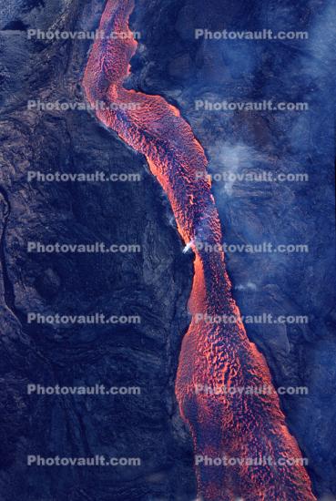 Glowing Red Lava Flow over the Big Island of Hawaii, Smoke, Eruption
