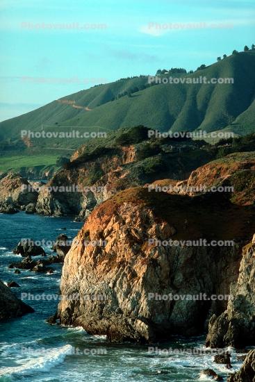 fields, hills, mountains, Pacific Ocean, rocks, rugged coast, coastline