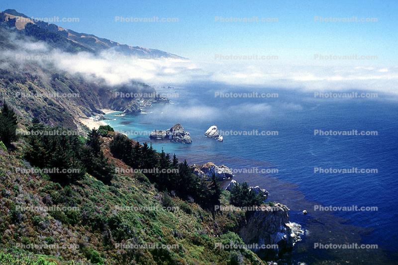view from Nepenthe restaurant, Big Sur, Coastal, rocks, coast, coastline, fog, Pacific Ocean