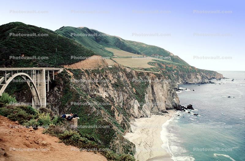 Bixby Bridge, Pacific Ocean, Cliffs, coast, coastline, cliffs, beach, sand, hills, mountains
