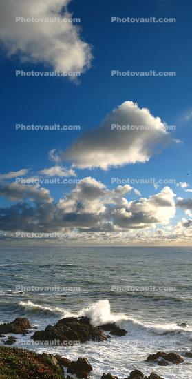Cumulus Clouds, Pacific Ocean, Rocks, Waves