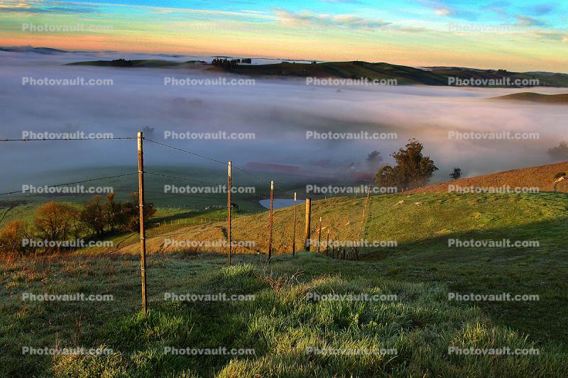 Hills, Trees, Fog, Clouds, Morning, Fence