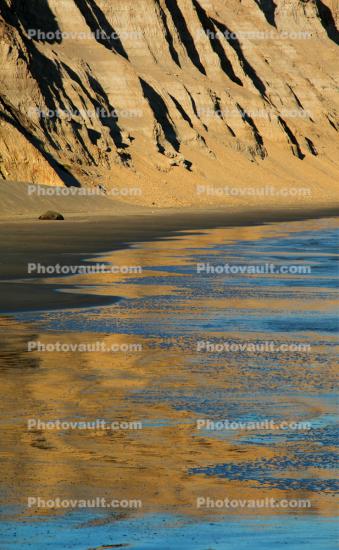 Coast, coastal, shore, shoreline, water, ocean, cliffs, beach, sand, wet sand, texture, reflection, Drakes Bay