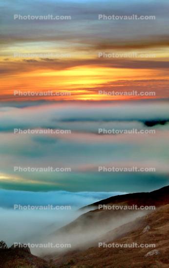 Sunset over the Ocean Fog, coastal, coast, Tranquility