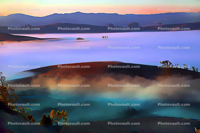 Fog, Valley, early morning, sun, Paintography, Abstract
