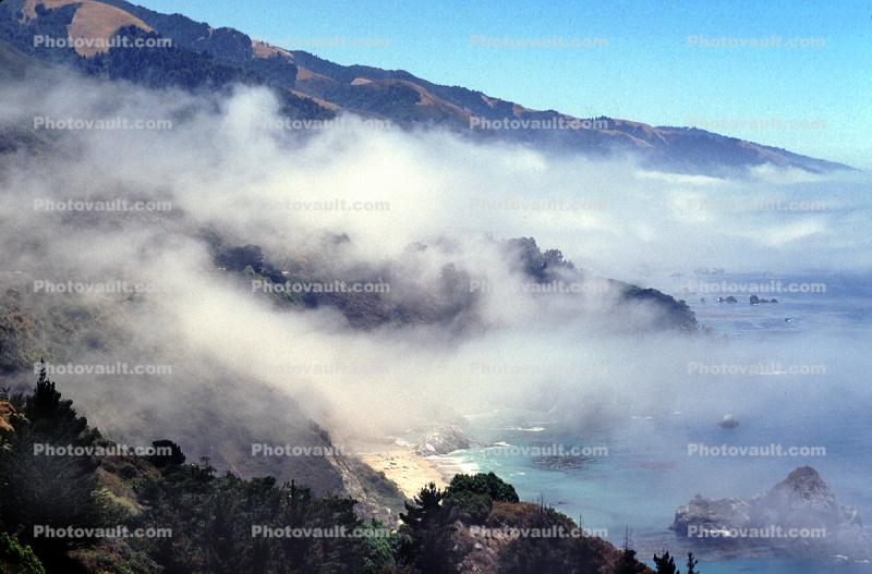 Coastal Fog, shore, shoreline, hills