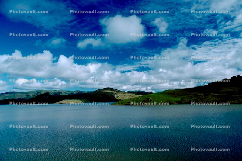 Nicasio Reservoir, lake, water, Marin County, Hills, trees, clouds