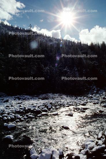 River, stream, snow, trees, sun, rock