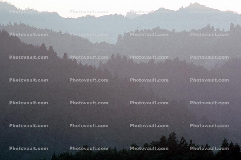 layered mountains, hills, haze, mist