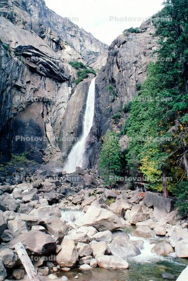 lower Yosemite Falls, Waterfall, Boulders, Granite Cliff