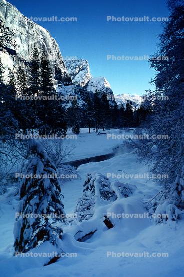 Three Brothers, Snowy Trees, Valley, Forest, Winter, Granite Cliff
