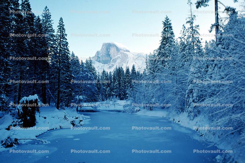 Merced River and Half Dome, Snowy Trees, Valley, Forest, Winter