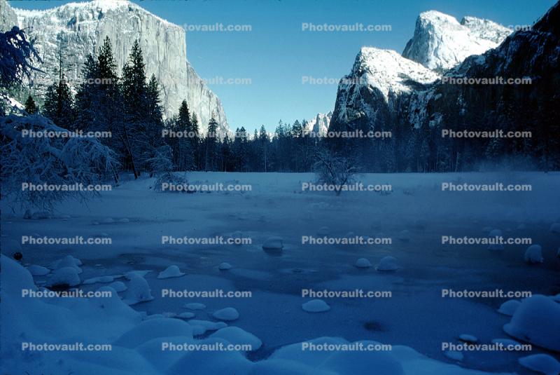 El Capitan, Snowy Trees, Valley, Forest, Winter, Granite Cliff, Smooth Snow Covered Rocks
