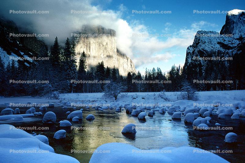 Yosemite Valley in the Winter, El Capitan, Merced River, Granite Cliff, Smooth Snow Covered Rocks