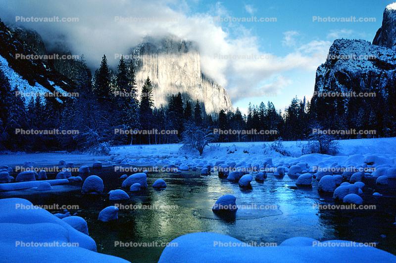 Yosemite Valley in the Winter, El Capitan, Merced River, Smooth Snow Covered Rocks, Snowy Trees, Valley, Forest, Winter, Granite Cliff