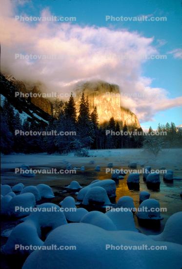 Yosemite Valley in the Winter with El Capitan, Merced River, Smooth Snow Covered Rocks