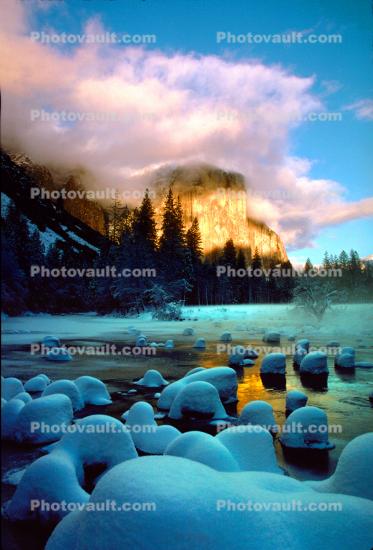 Smooth Snow Covered Rocks, Yosemite Valley in the Winter, El Capitan, Merced River, Snowy Trees, Valley, Forest, Winter, Granite Cliff