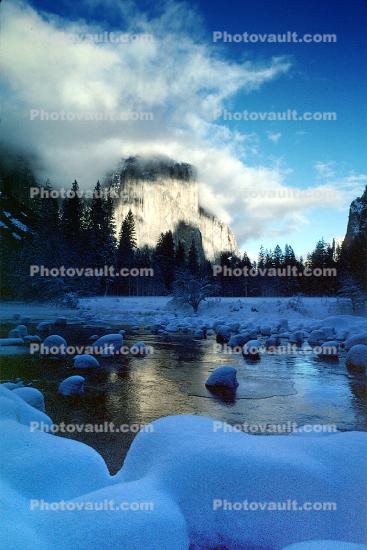Yosemite Valley in the Winter, El Capitan, Merced River, Snowy Trees, Valley, Forest, Winter, Granite Cliff