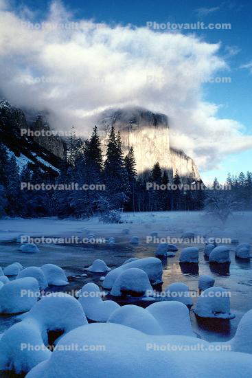 Yosemite Valley in the Winter, El Capitan, Merced River, Snow Covered Rocks, Winter, Granite Cliff