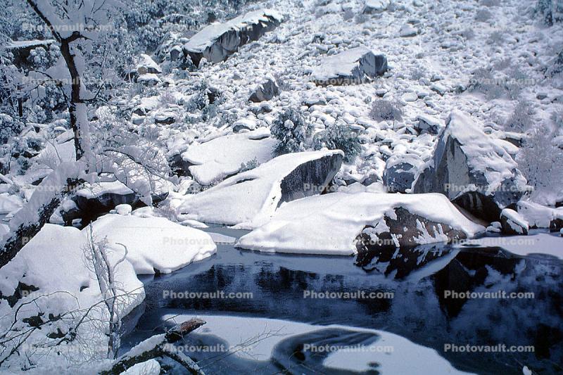 Snow Covered Rock, River, Winter