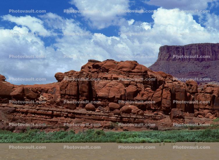 Colorado River, Water, clouds, trees, Sandstone Cliff, stratum, strata, layered, sedimentary rock