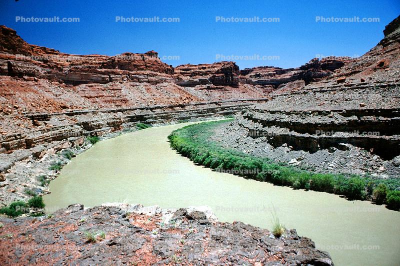 Colorado River curve, Sandstone Cliff, trees, stratum, strata, layered, sedimentary rock