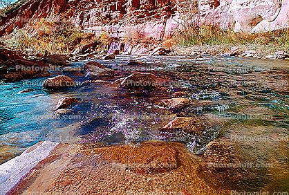 Virgin River, stones, Rocks, Sandstone Cliffs, clear water
