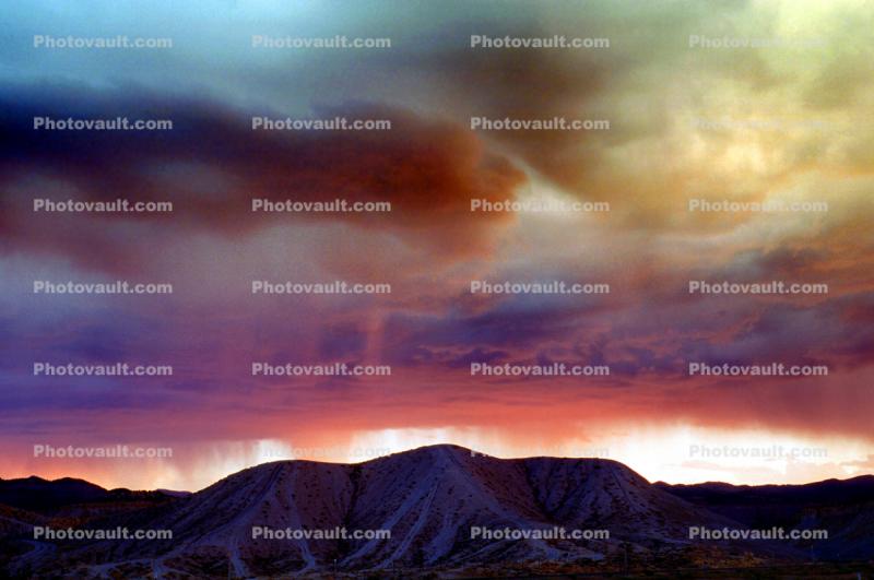 Flaming Sunset Virga, Rainy Clouds, mountains