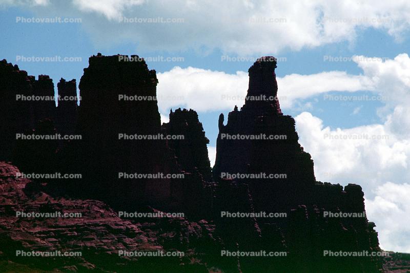 Hoodoo, Cumulus Clouds, east of Moab, Castle Valley, geologic feature, butte