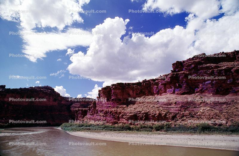 River, Cliffs, Cumulus Clouds, east of Moab, Castle Valley, Mesa, cliffs, geologic feature, mesa