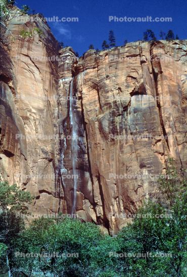 Temple of Sinewava, Waterfall, Trees, Sandstone Cliffs, Zion National Park