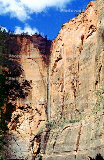 Waterfall, Cliffs, Zion National Park, Sandstone Cliffs